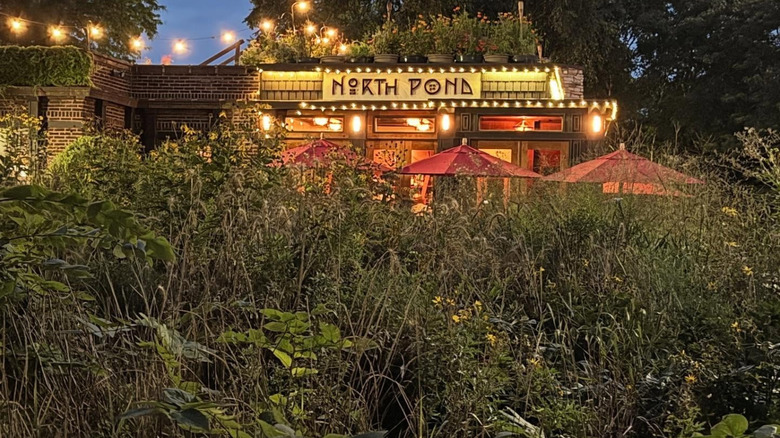 North Pond restaurant in Chicago, surrounded by foliage at night