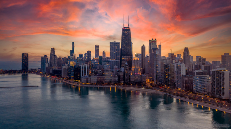 The Chicago skyline at sunset