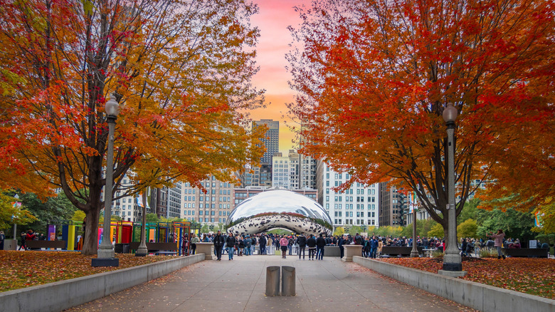 Millennium Park and Cloud Gate landmark in fall foliage