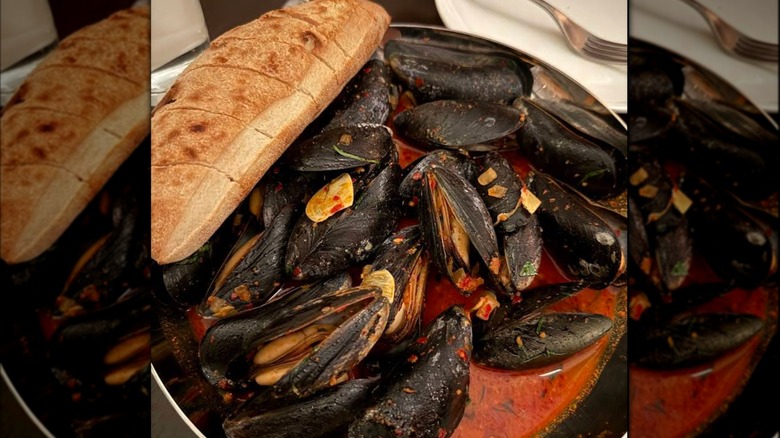 Mussels in red sauce with fresh bread at the Radicle
