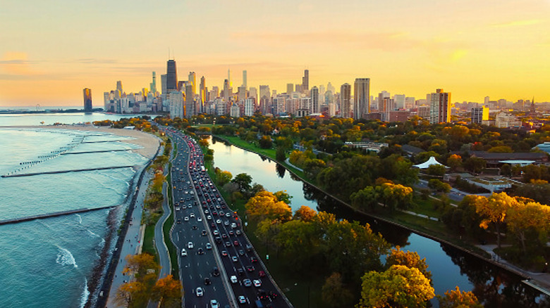 An aerial view of Chicago, showing Lake Michigan.