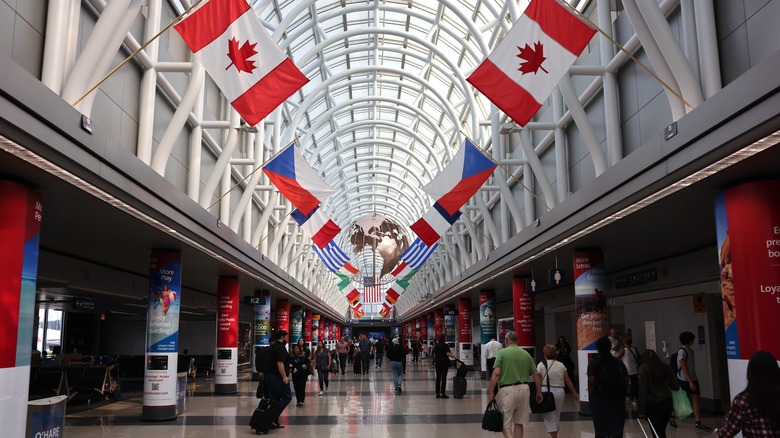 View of the flag hall inside Chicago O'Hare Airport