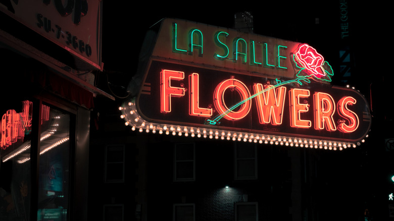 La Salle Flowers neon sign at night
