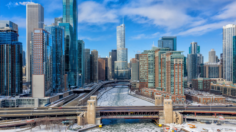 Chicago skyline in winter with frozen river