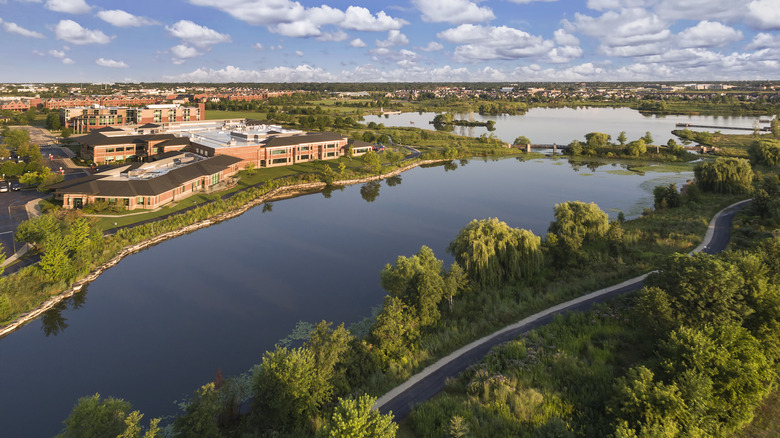 lake, trees, and buildings in Glenview