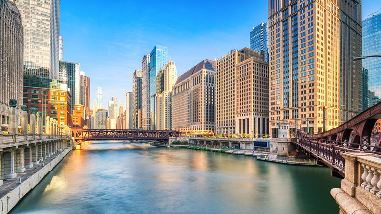 Skyscrapers and bridges along the Chicago River
