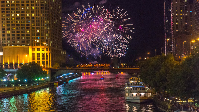 Navy Pier fireworks in Chicago seen from the river