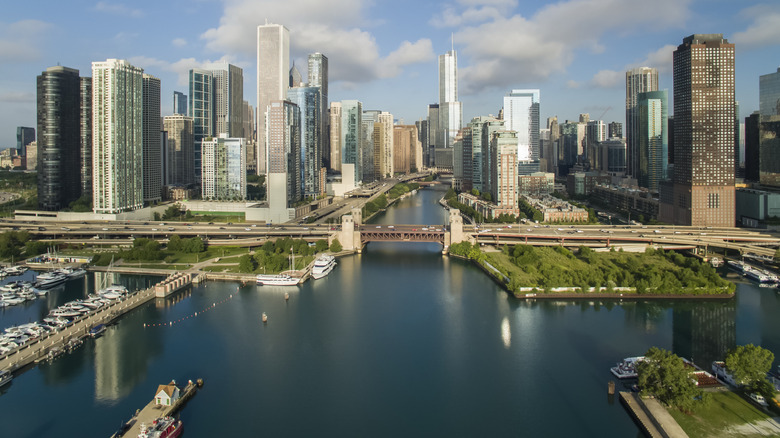 An aerial view of the entrance to the Chicago River and the skyline