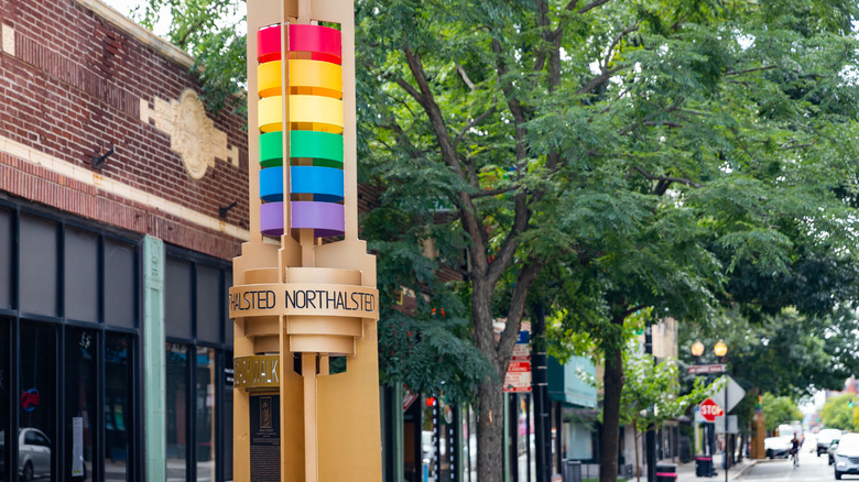 A rainbow pylon pillar, part of the Boystown Legacy Walk
