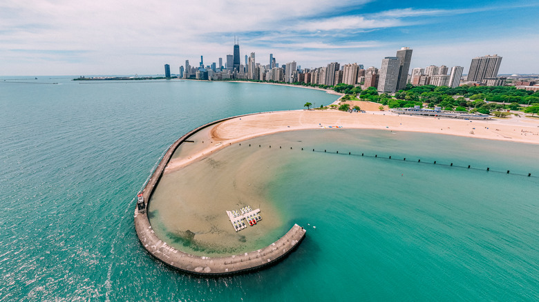 An aerial view of North Avenue Beach on Lake Michigan, Chicago