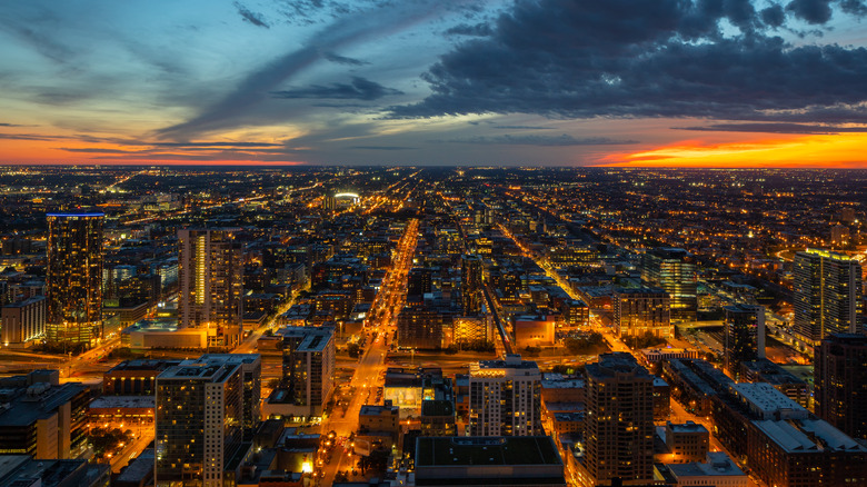 An aerial of the West Loop at dusk