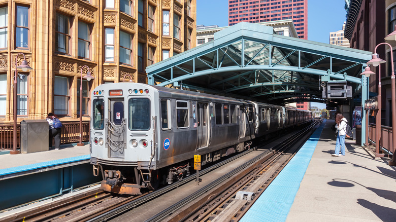 Chicago "L" Elevated Metro rapid rail transit train public transport at Library station in Chicago