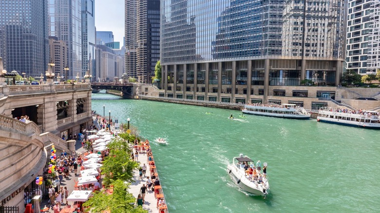 The pedestrian Chicago Riverwalk runs 1.25 miles long across downtown.