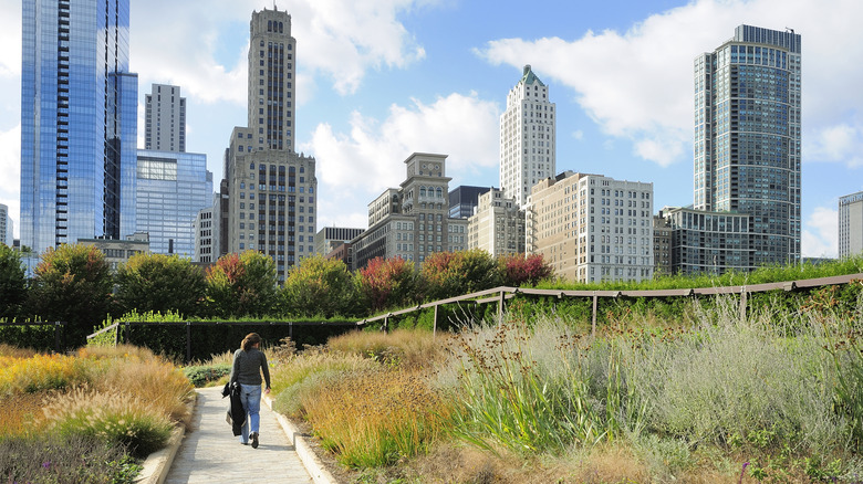Woman walking through Lurie Garden