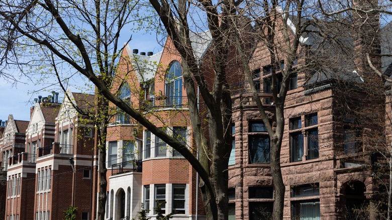 Beautiful old brick walk-up homes in Wicker Park, Chicago during winter