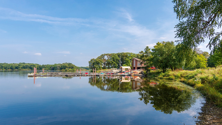 A boat marina and shack with kayaks on Busse Woods Reservoir with trees and grass around it