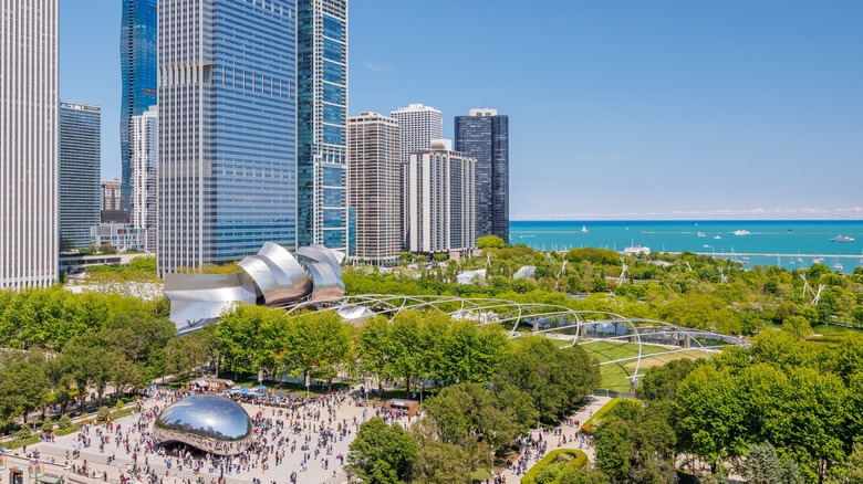 Chicago, Illinois, overlooking Millennium Park with Cloud Gate and the skyline stretching toward Lake Michigan