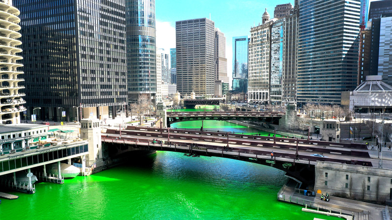 An aerial view of the Chicago River dyed green on St. Patrick's Day