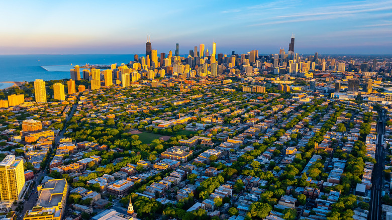Aerial view of uptown Chicago with skyscrapers in distance