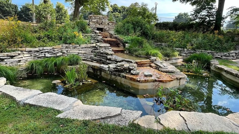 Peace Garden in Chicago, showing a rock garden and water feature