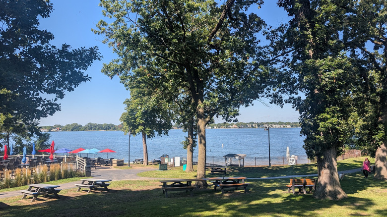 A view of Lake Zurich from Breezewald Park with trees, picnic tables, and colorful umbrellas