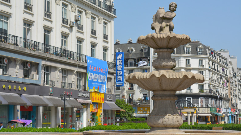 Fake Haussmannian buildings and a fountain in Tianducheng, China