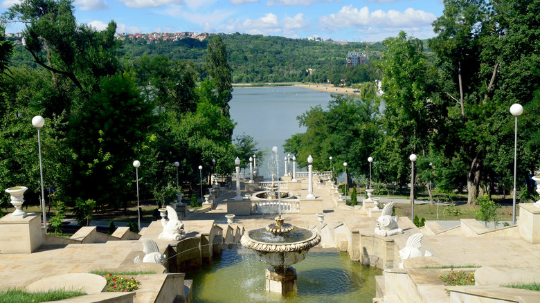 Cascading steps and foundain with lake view in Valea Morilor Park