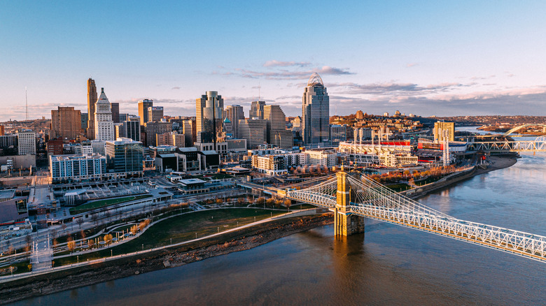 Aerial view of downtown Cincinnati buildings and bridge