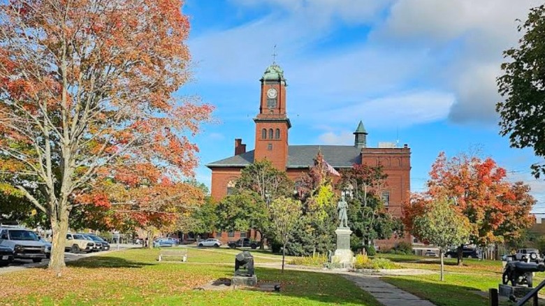 The Claremont Opera House stands in a parklike setting in Claremont, New Hampshire