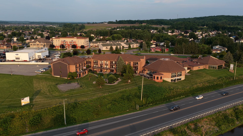 Aerial view of Clarence-Rockland, with buildings and a highway in view