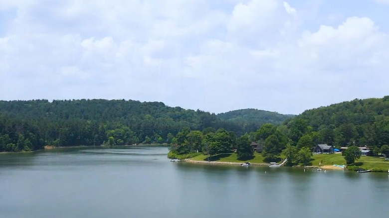 green grass and densely packed trees line the calm, blue waters of Atwood Lake