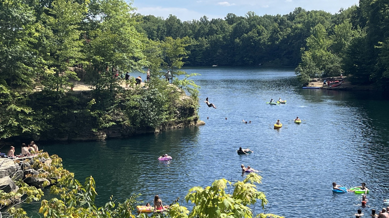 children swim, float and jump off a small cliff at Nelson Ledges Quarry Park