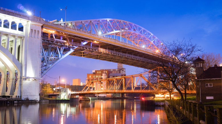The Detroit Superior Bridge in Cleveland illuminated as night falls