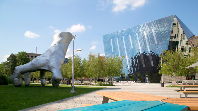 The Museum of Contemporary Art Cleveland and Sliver hand sculpture in University Circle,Cleveland