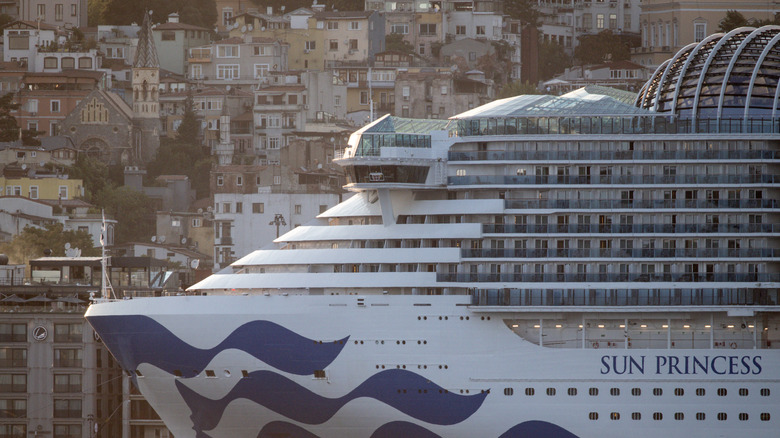 Close-up of a cruise ship docking at Galata Port in Istanbul