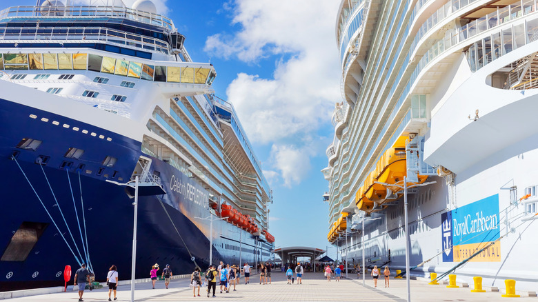 Two docked cruise ships with passengers ready to embark
