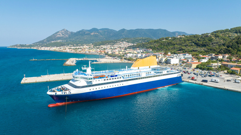 Aerial of a cruise ship docked at Samos Island in Greece