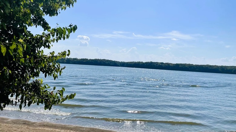 Scenic views of Clinton Lake in Illinois, featuring calm waters and a lush shoreline in the distance.