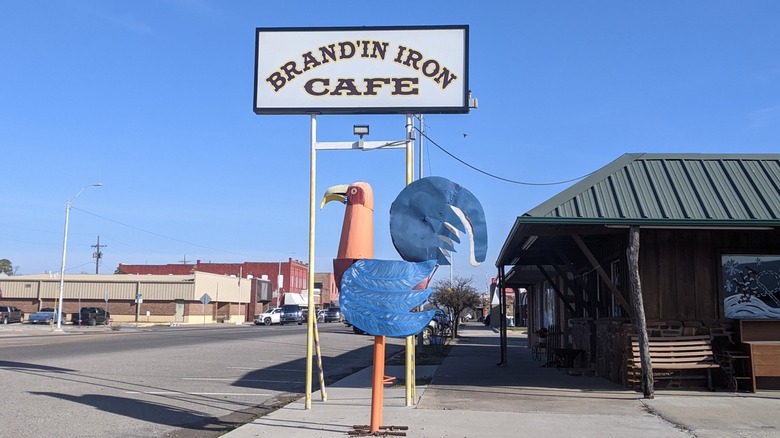 Chicken statue outside of the Brand'in Iron Cafe in Coalgate, Oklahoma
