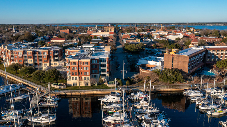 Aerial view of New Bern, North Carolina with harbor