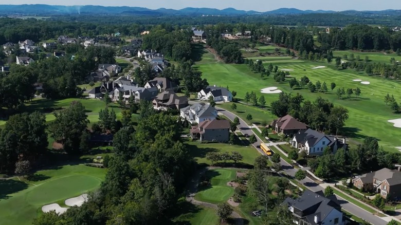 Aerial view of houses and green spaces in College Grove