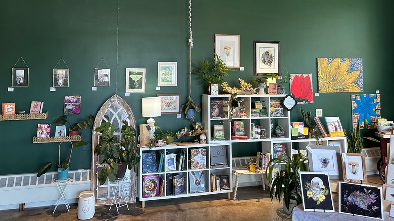 The interior of Odds & Ends Emporium at Ivywild School, with shevles of books and colorful artwork on the green walls