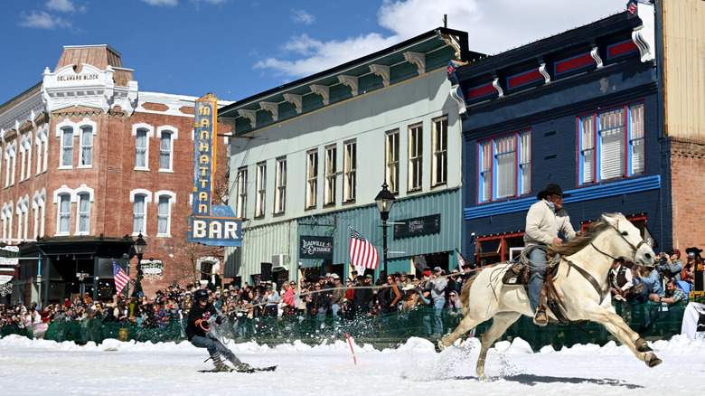 Contestants compete during the 76th Leadville Ski Joring event on March 2, 2025 in Leadville, Colorado