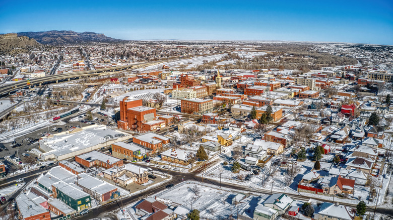 An aerial view of Trinidad, Colorado, with a light dusting of snow