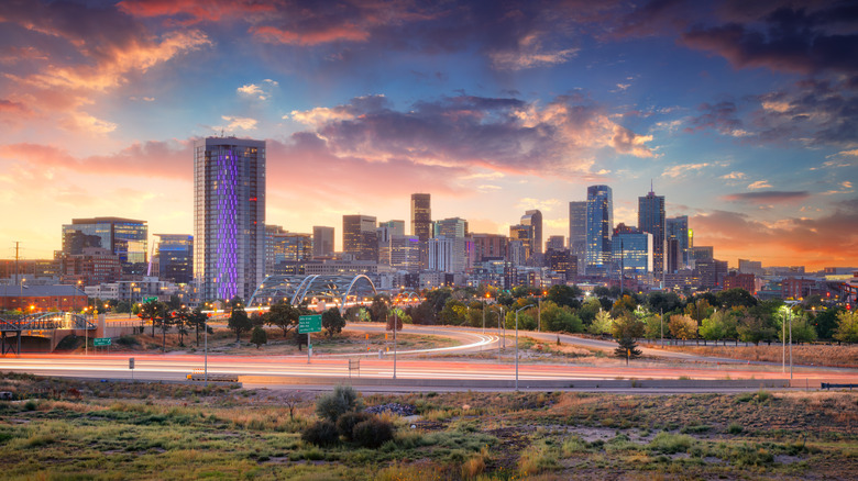 Denver city skyline at sunset