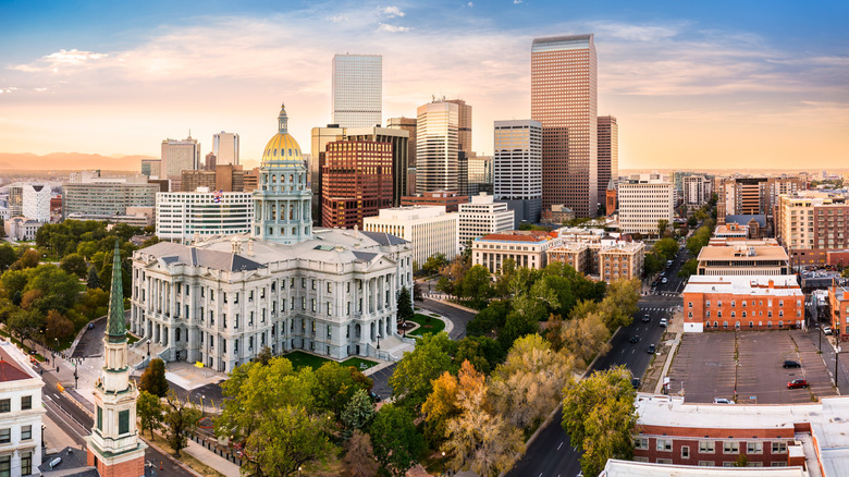 Aerial of the Colorado Capital building and city skyline at sunset