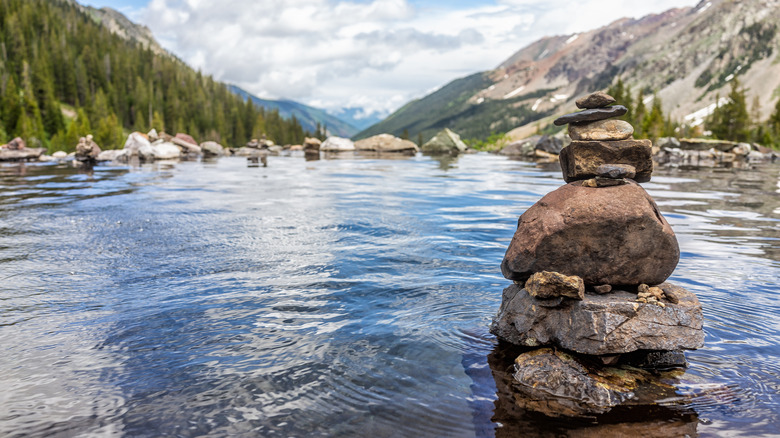 A pile of rocks in the hot strings found on Conundrum Creek Trail in Aspen, Colorado