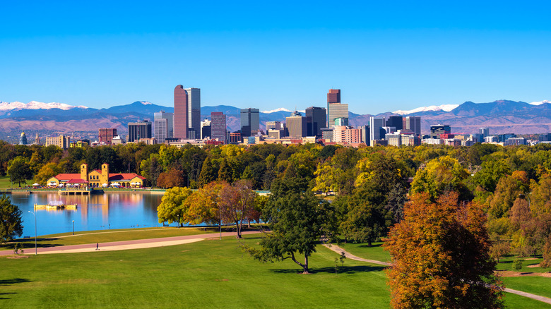 Denver skyline from park in fall