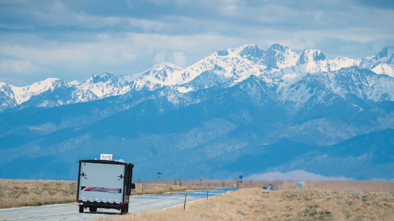 An RV heading to the mountains in Colorado