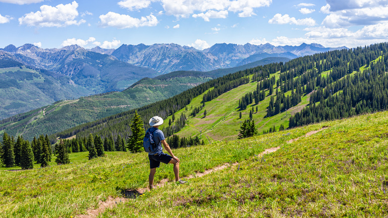 a hiker crosses green rolling hills in Colorado